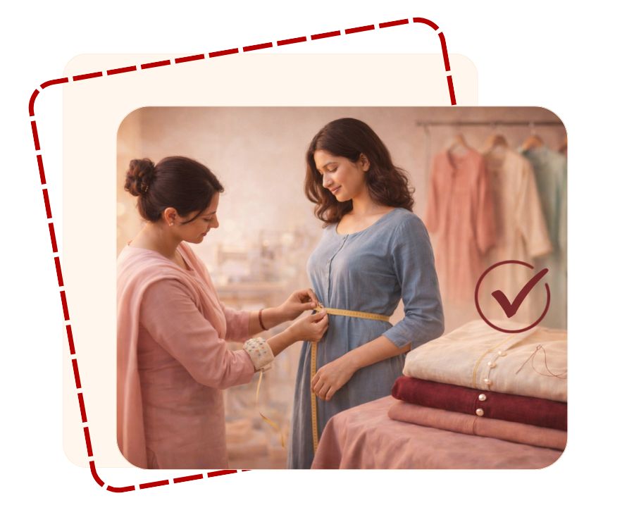 Experienced ladies tailor ensuring perfect fit and clean finishing during dress alteration at Sapna Stitch tailoring studio