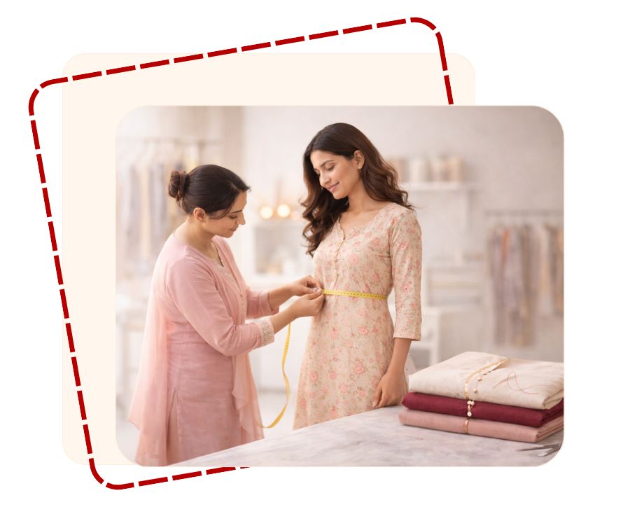 Ladies tailor taking accurate measurements to ensure proper fitting and clean finishing of everyday wear clothing.
