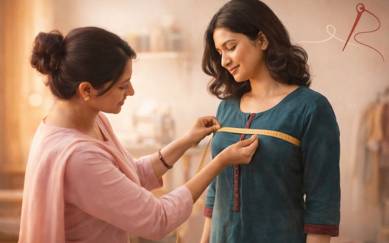 Ladies tailor taking measurements for proper fitting and comfortable blouse stitching in a tailoring studio.